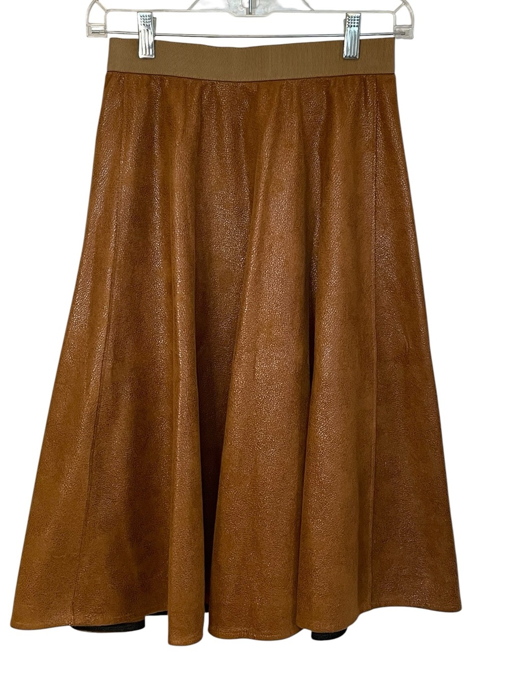 Premoir Faux Suede A-Line Midi Skirt – Cognac Brown Elastic Waist Flare Skirt (X